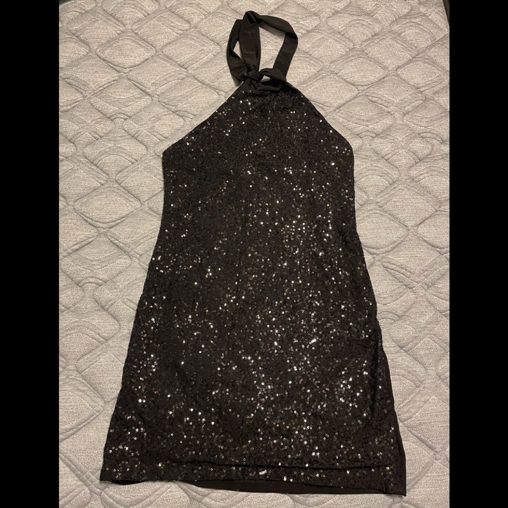EUC Sequined Tie Neck Mini Dress